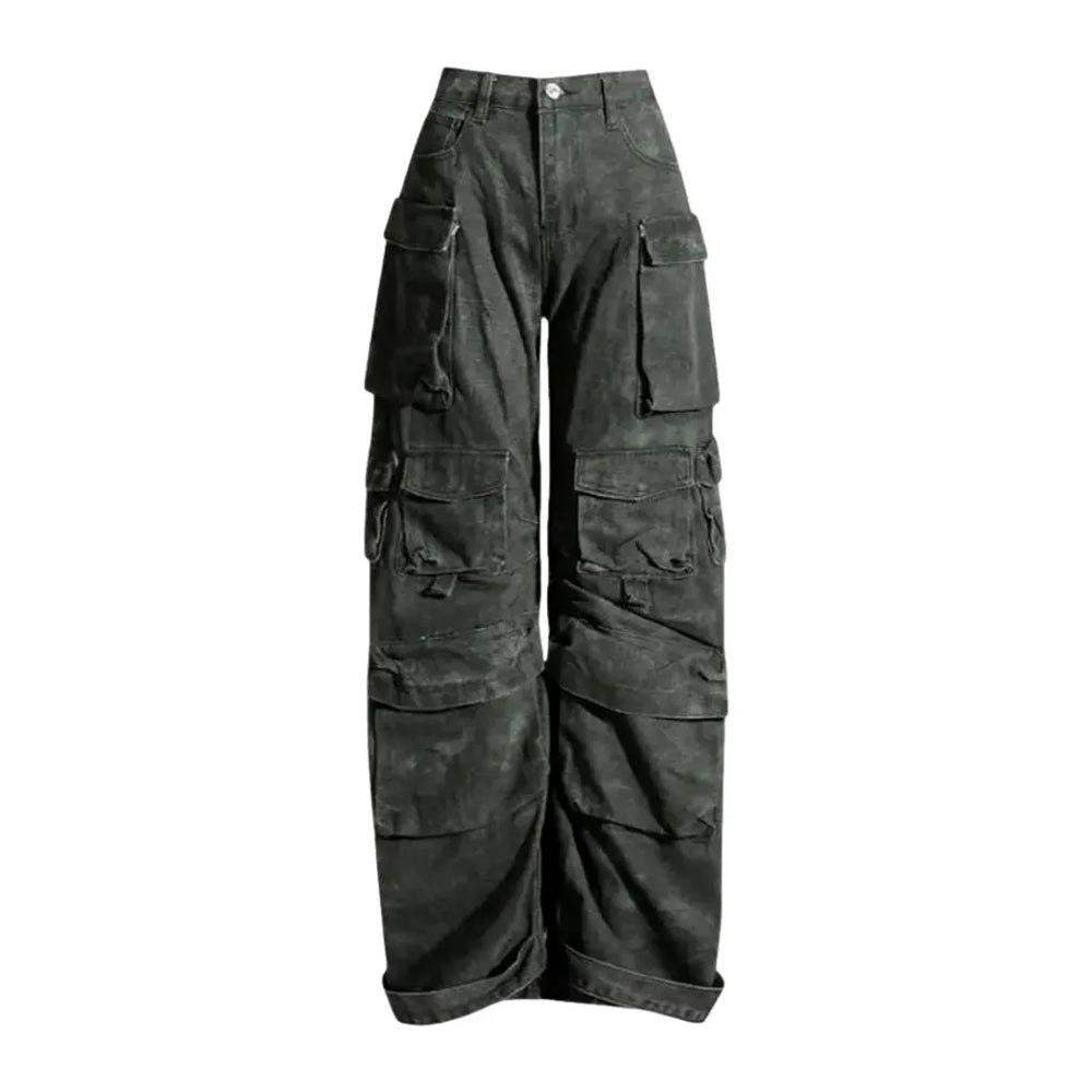 Boho Style Roomy Pockets Women's Denim Pants - Grey
